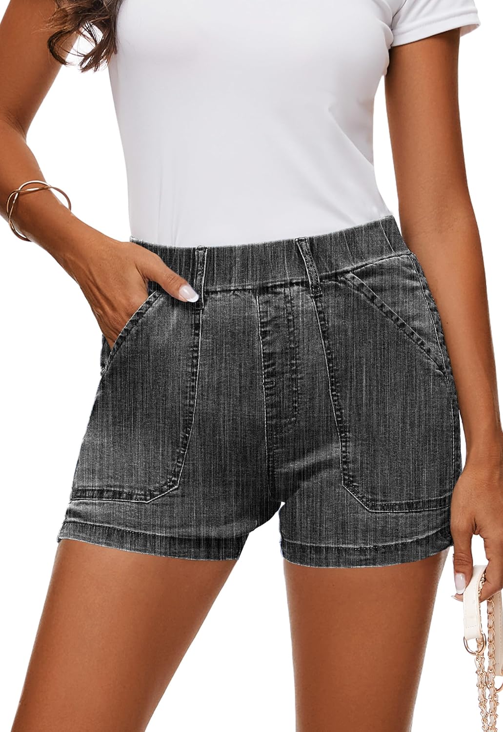 Womens Jean Shorts High Waisted Summer Cotton Elastic Waist Denim Shorts with Pockets