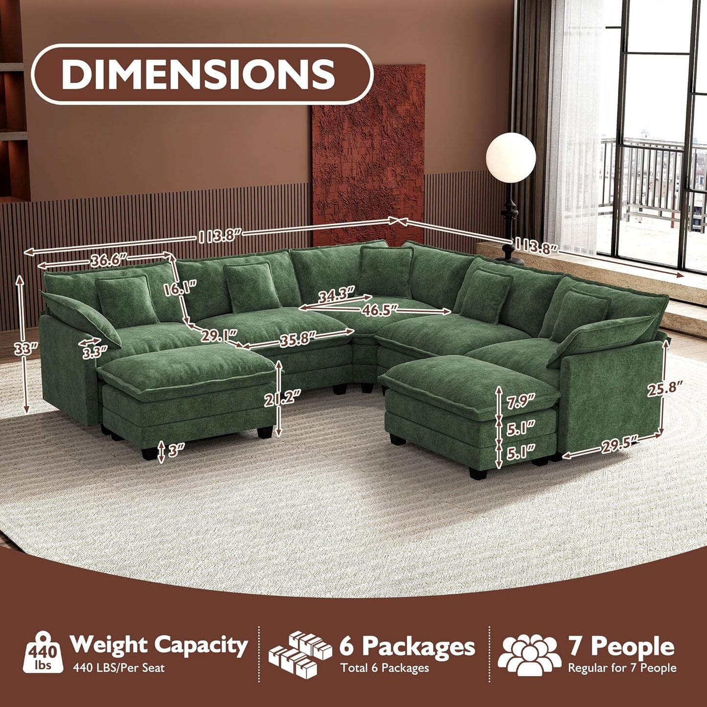 146" U-Shaped Modern Sofa Modular Sectional Cloud Couch