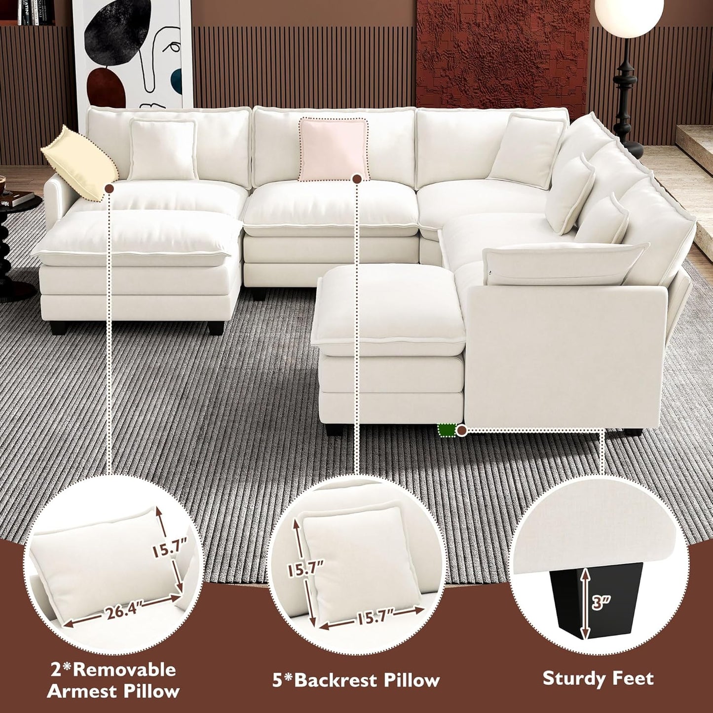 146" U-Shaped Modern Sofa Modular Sectional Cloud Couch