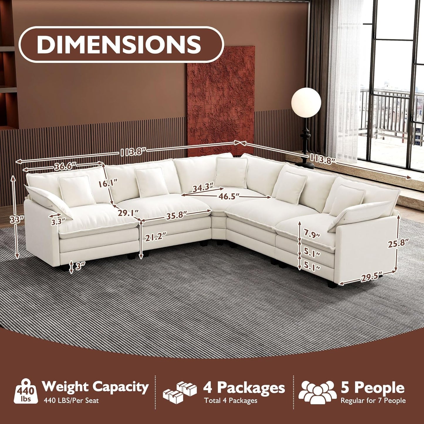 146" U-Shaped Modern Sofa Modular Sectional Cloud Couch