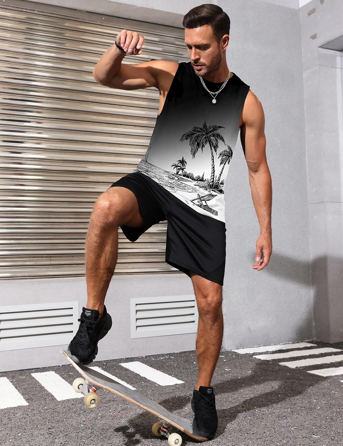 Mens Tank Tops Beach Summer Sleeveless Shirts Graphic Palm Tree Vacation