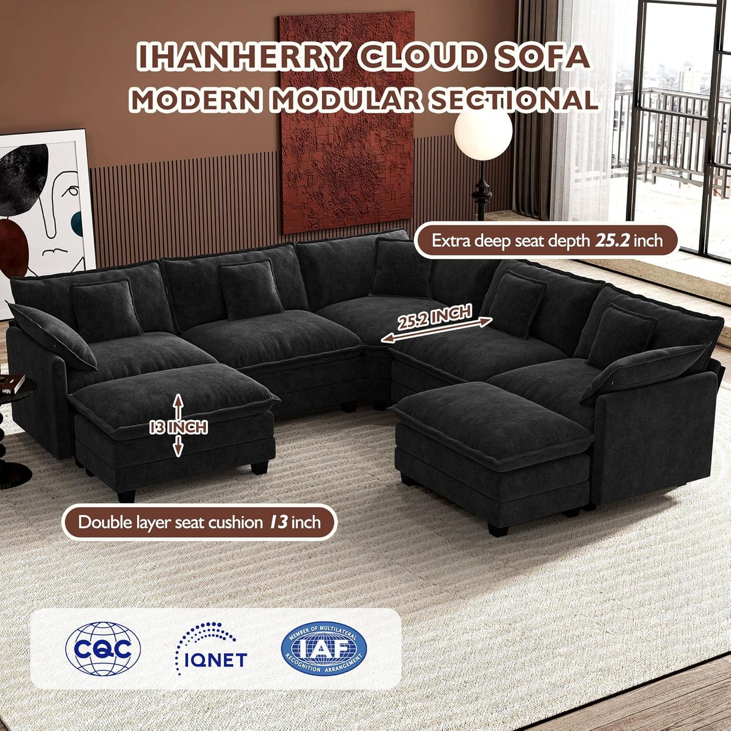 146" U-Shaped Modern Sofa Modular Sectional Cloud Couch