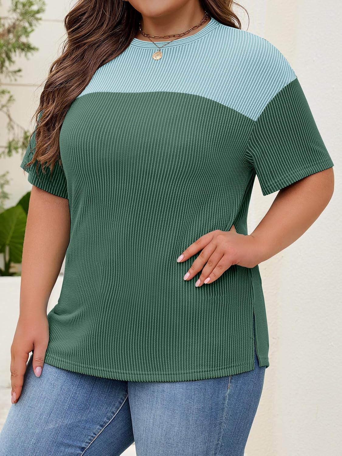 Womens Plus Size Short Sleeve Color Block Pullover Tunic Tops