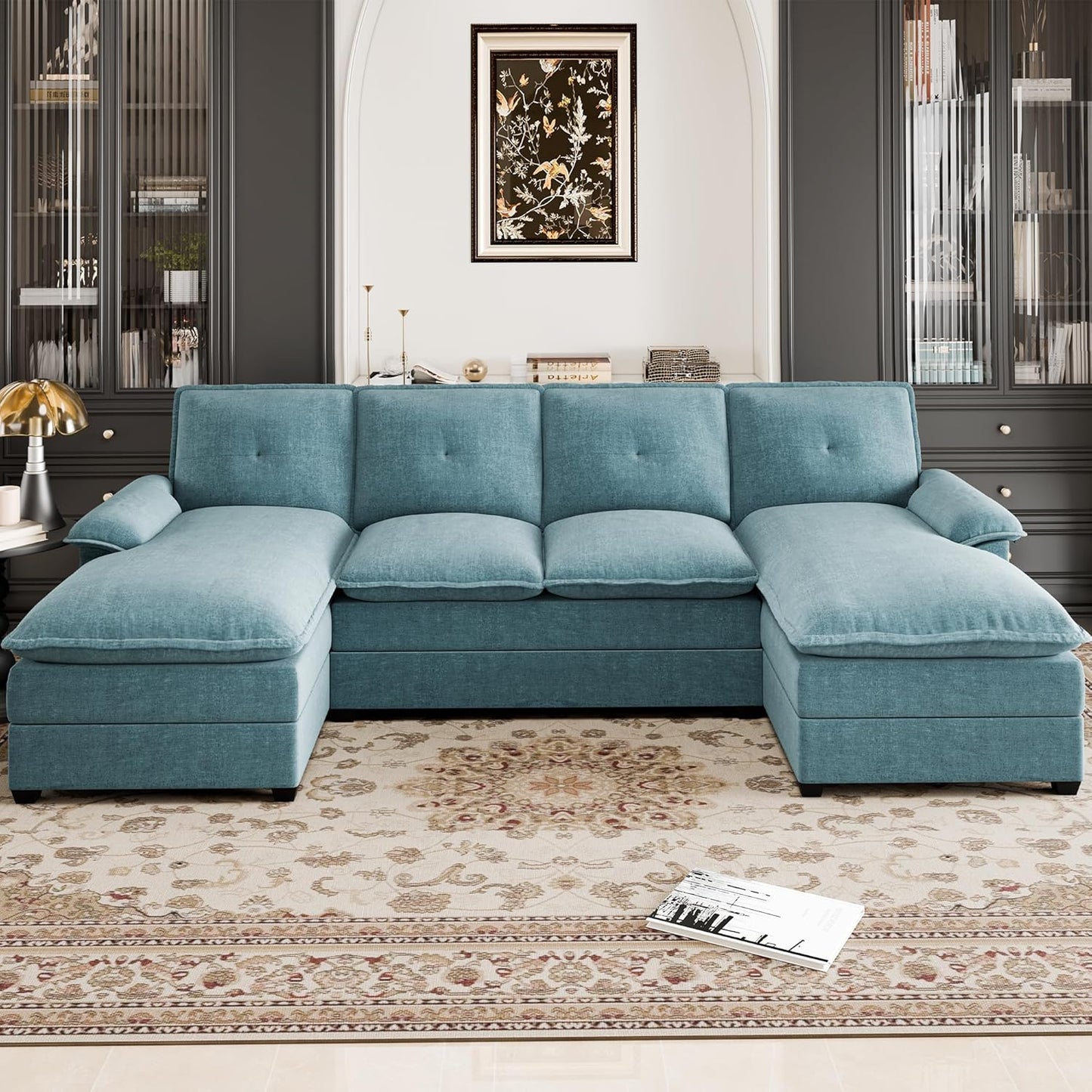 110 Inch U Shaped Sectional Sofa with Double Chaise Black