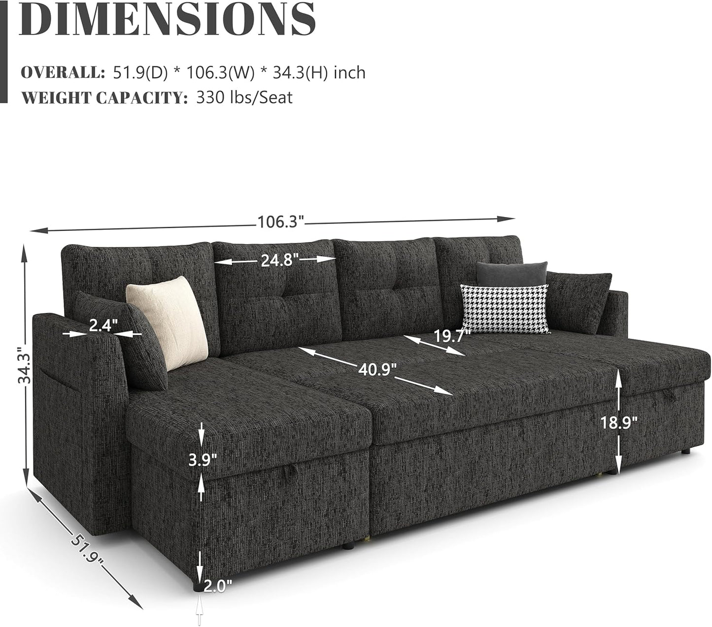 2-in-1 Oversized Sectional Sofa Bed 110" Pull-Out Couch with Storage Chaise Dark Grey