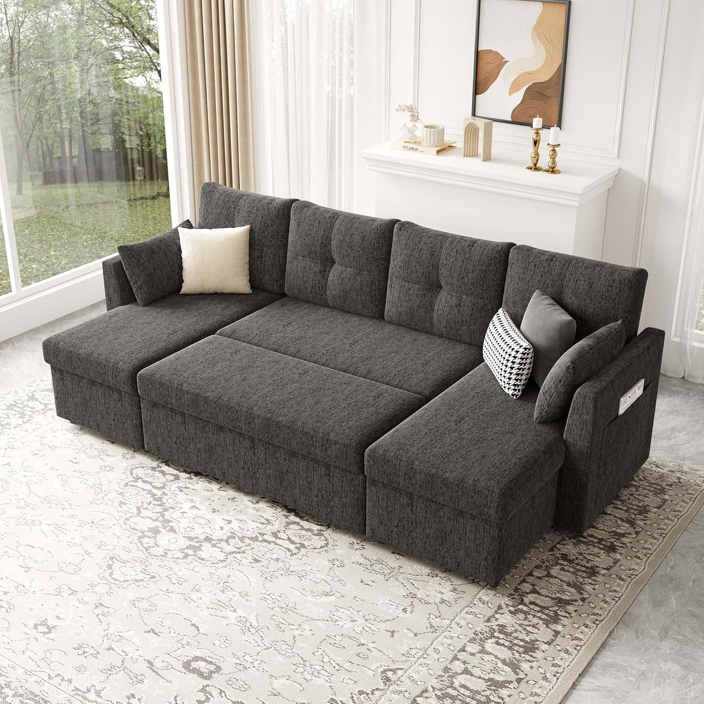 2-in-1 Oversized Sectional Sofa Bed 110" Pull-Out Couch with Storage Chaise Dark Grey