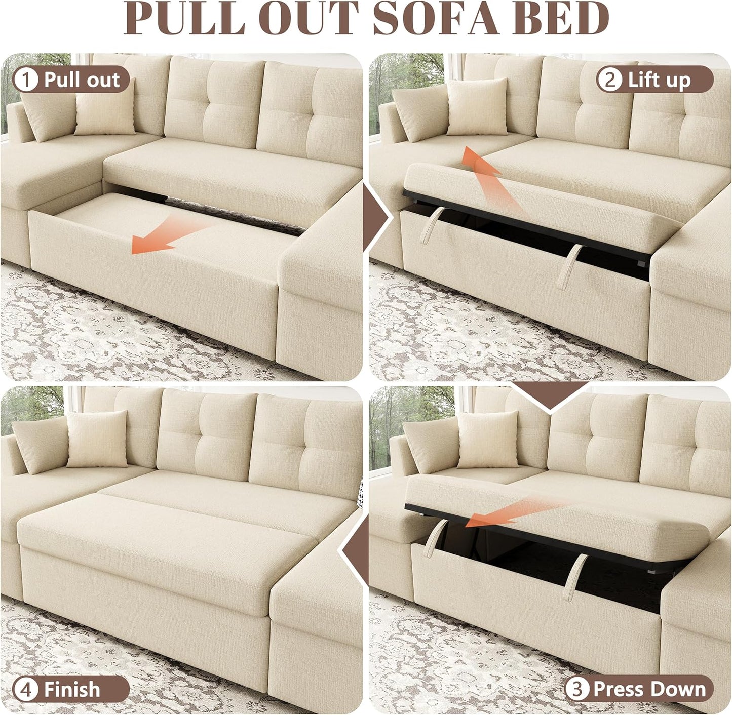 2-in-1 Oversized Sectional Sofa Bed 110" Pull-Out Couch with Storage Chaise Dark Grey