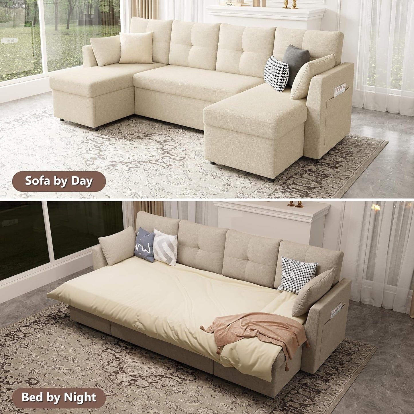 2-in-1 Oversized Sectional Sofa Bed 110" Pull-Out Couch with Storage Chaise Dark Grey