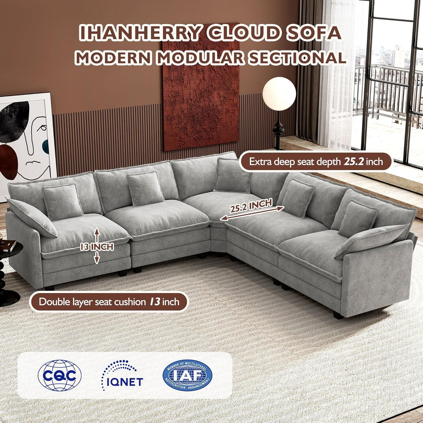 146" U-Shaped Modern Sofa Modular Sectional Cloud Couch