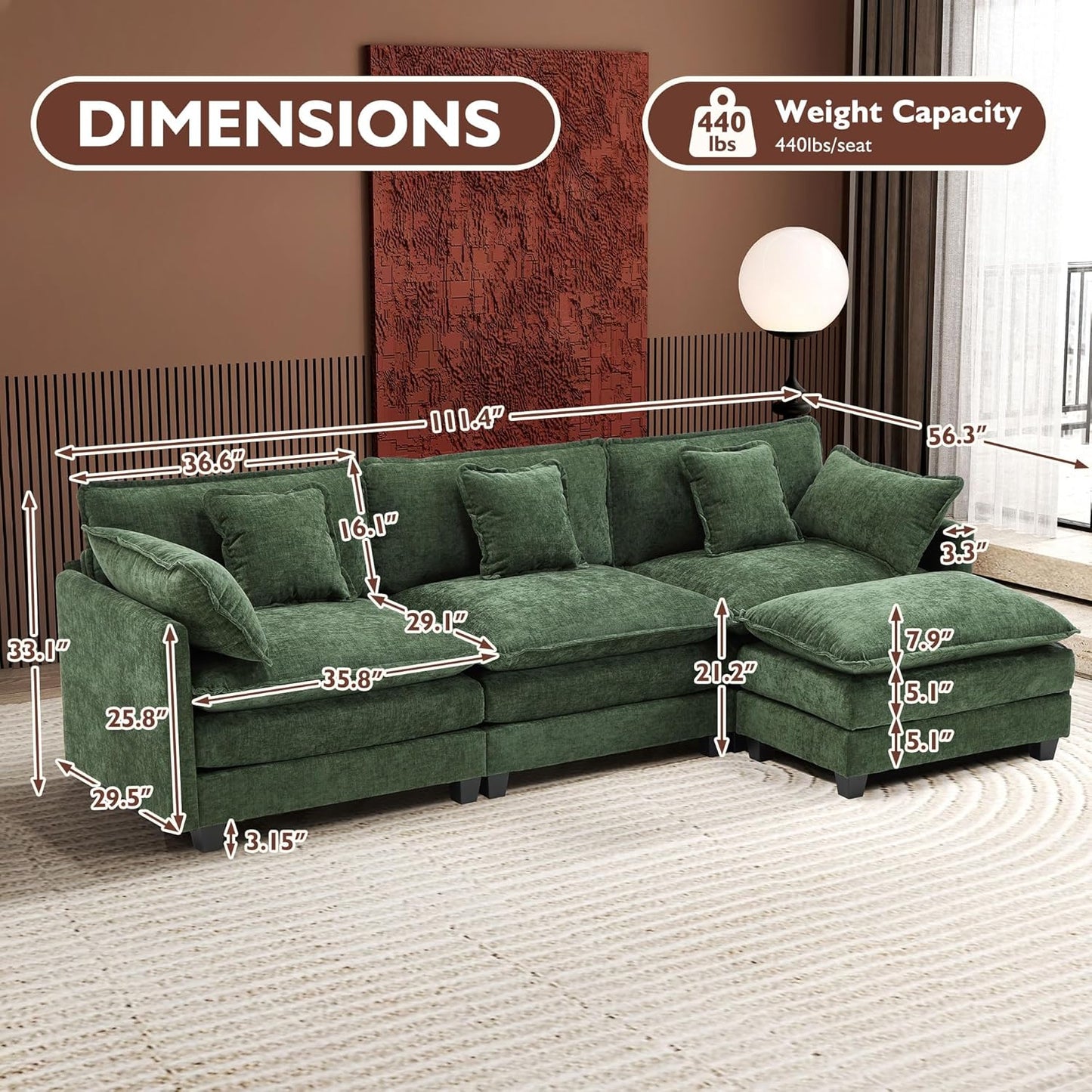 146" U-Shaped Modern Sofa Modular Sectional Cloud Couch