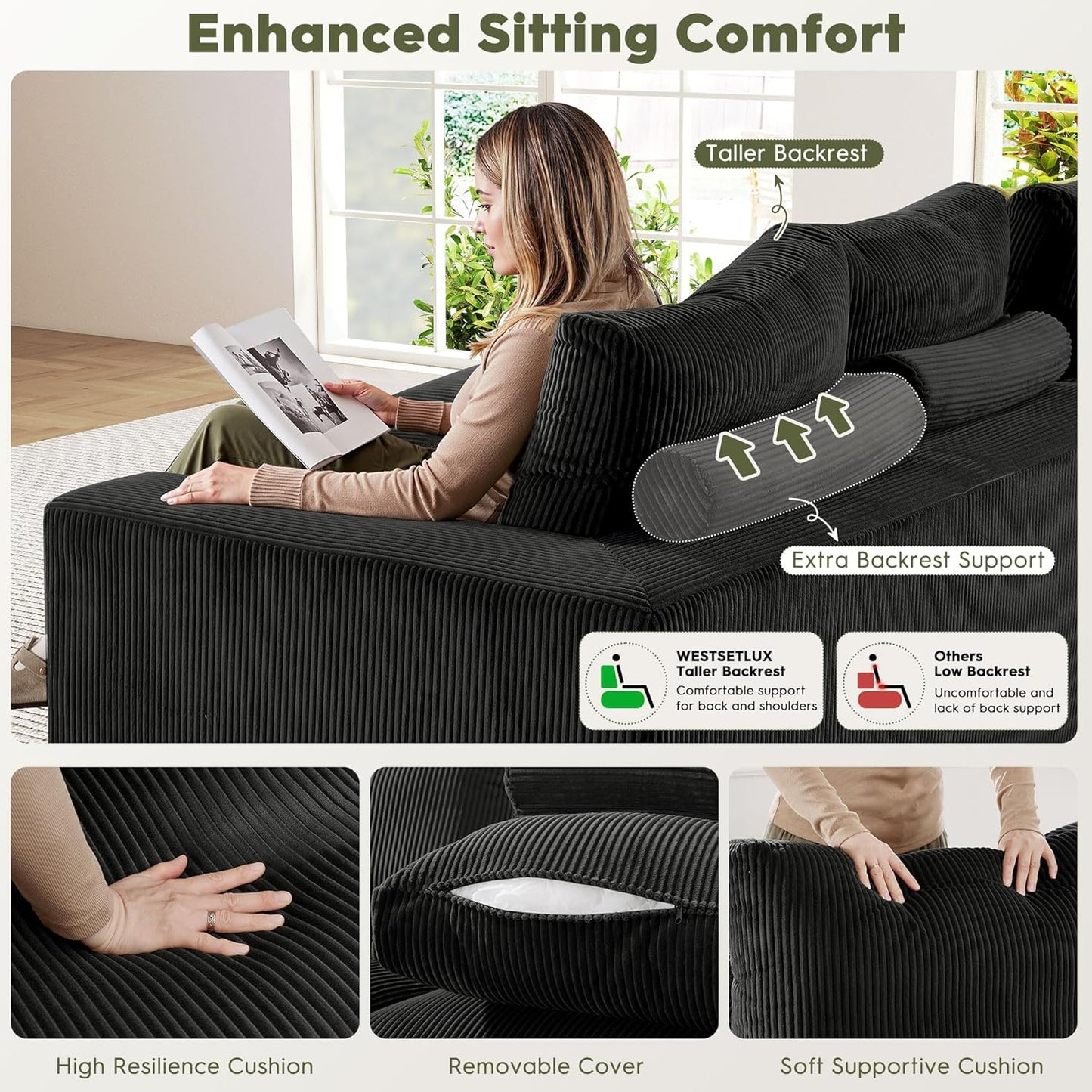 108 Inch Corduroy Cloud Sectional Sofa with Chaise Green