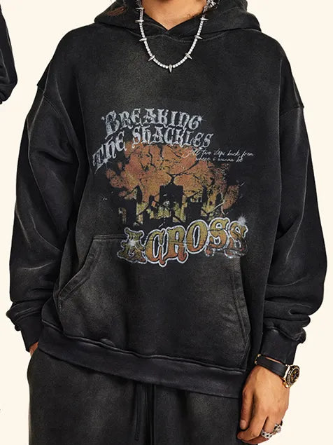 World Map Printed Wash Old Cotton Hoodie