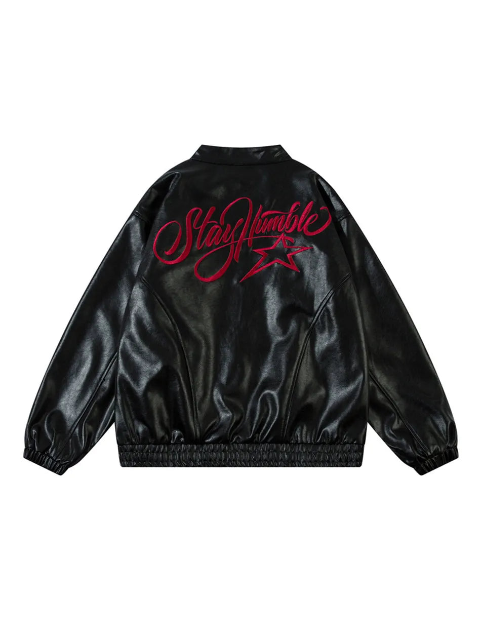 Vintage Letter Printed Zipper Faux Leather Jacket for Men