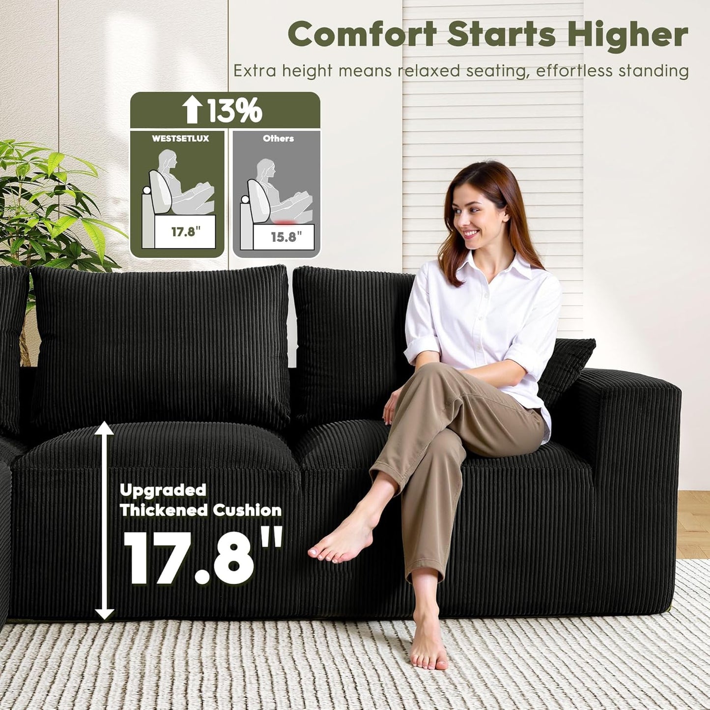 108 Inch Corduroy Cloud Sectional Sofa with Chaise Green