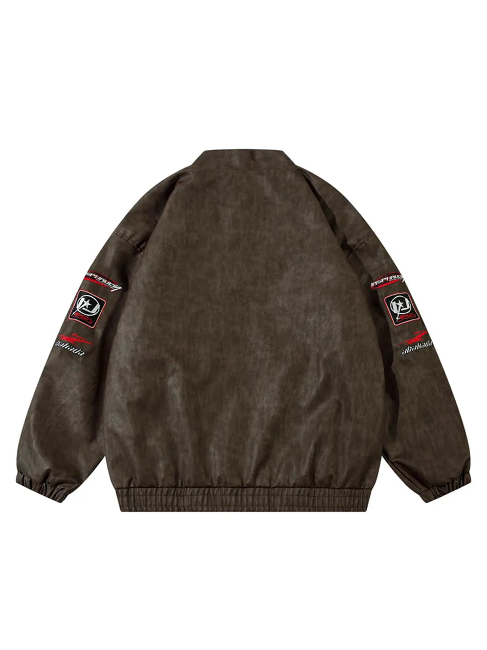 Letter & Racing Car Printed Faux Leather Jacket for Men