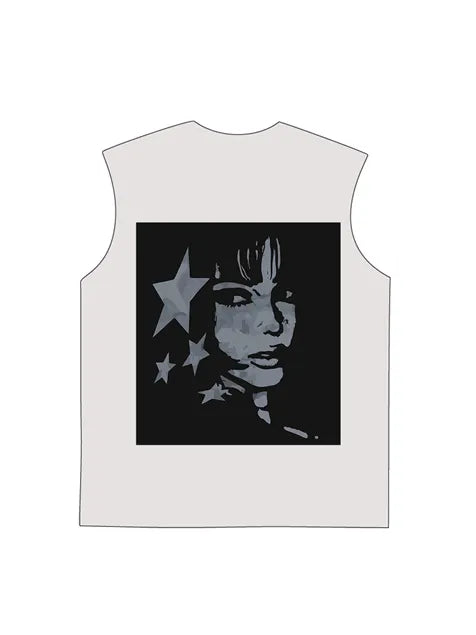 230g Cotton Back Animation Girl Stars Wash Old Sleeveless T-shirt