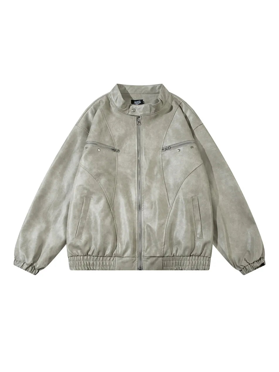 Vintage Letter Printed Zipper Faux Leather Jacket for Men