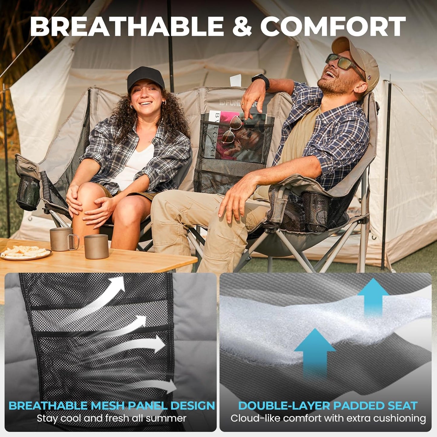 Double Camping Chair with Cooler 2 Person Folding Oversized Loveseat