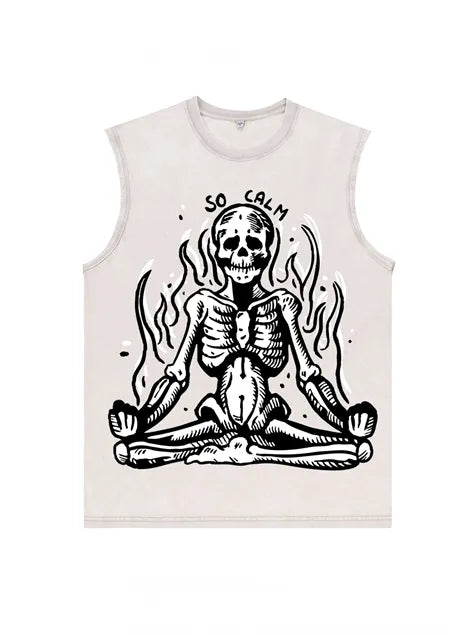230g Skull Meditation Calm Down Printed Wash Old Sleeveless T-shirt
