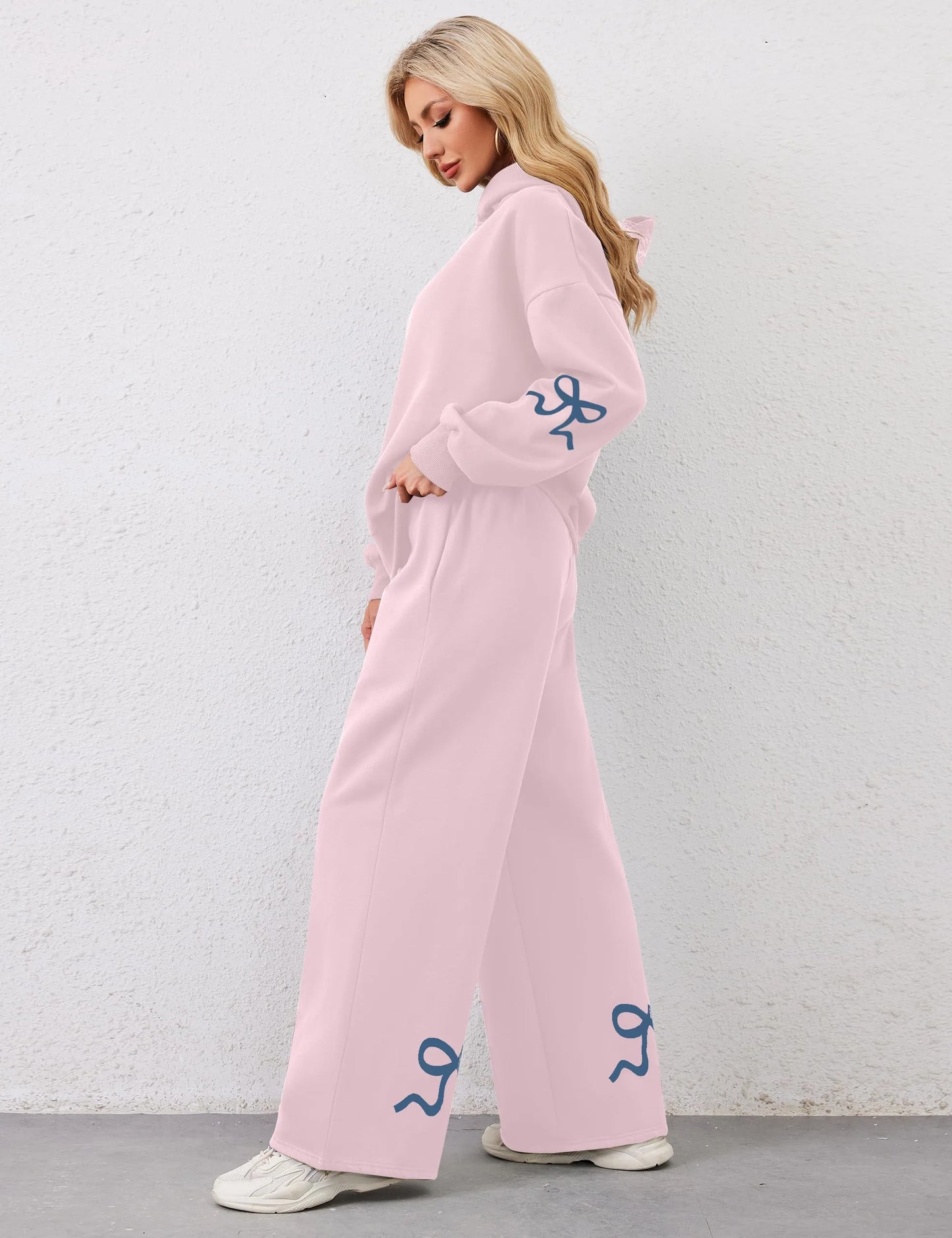 Women's 2 Piece Outfits Bow Trim Print Hoodie Sweatsuit Sets
