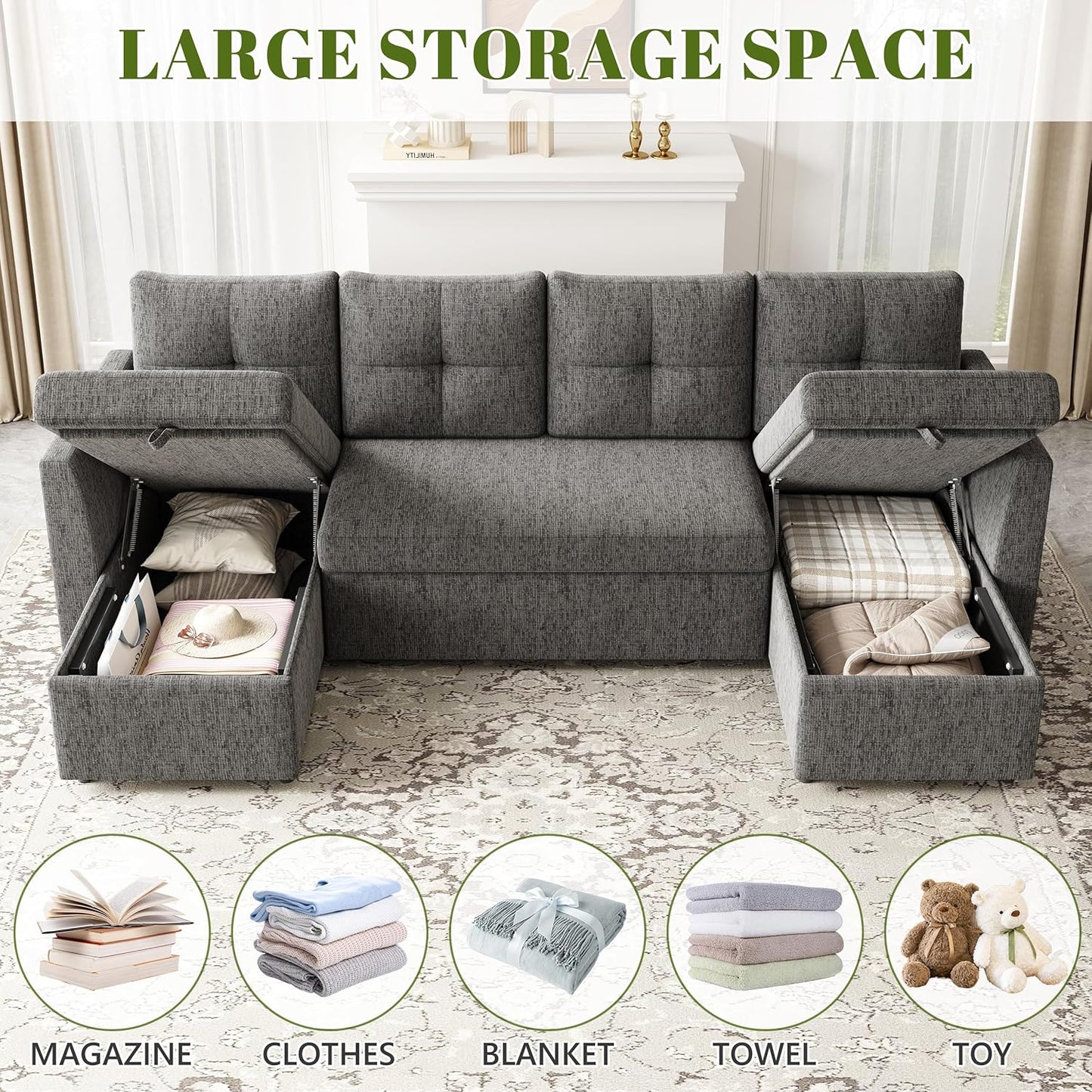 2-in-1 Oversized Sectional Sofa Bed 110" Pull-Out Couch with Storage Chaise Dark Grey