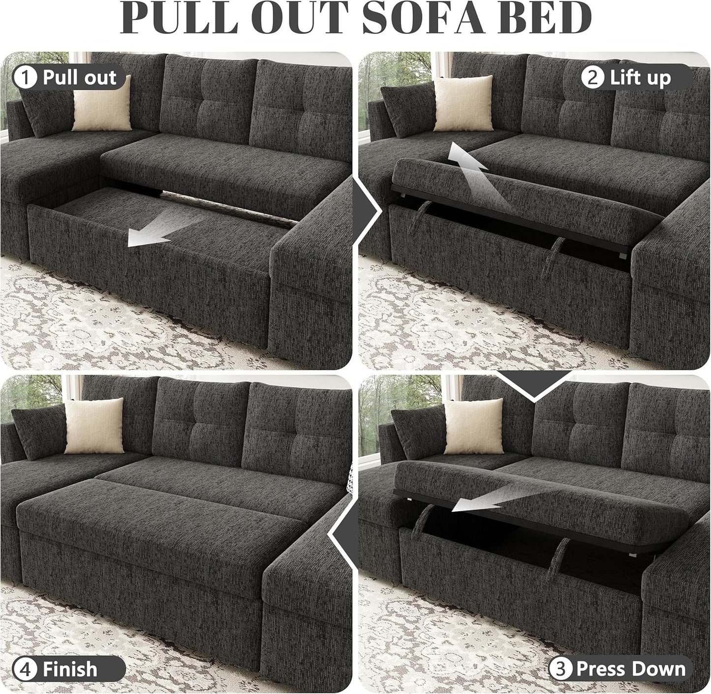 2-in-1 Oversized Sectional Sofa Bed 110" Pull-Out Couch with Storage Chaise Dark Grey