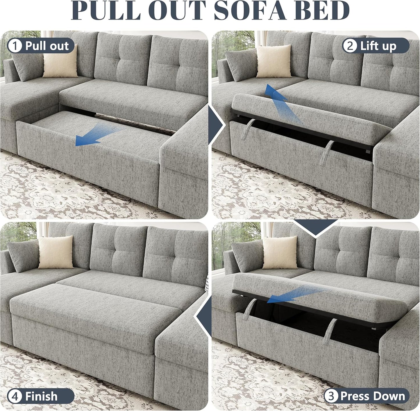 2-in-1 Oversized Sectional Sofa Bed 110" Pull-Out Couch with Storage Chaise Dark Grey