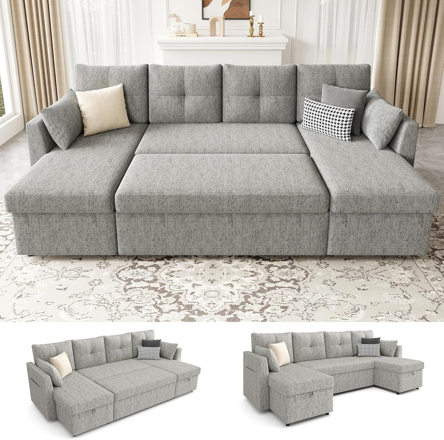 2-in-1 Oversized Sectional Sofa Bed 110" Pull-Out Couch with Storage Chaise Dark Grey