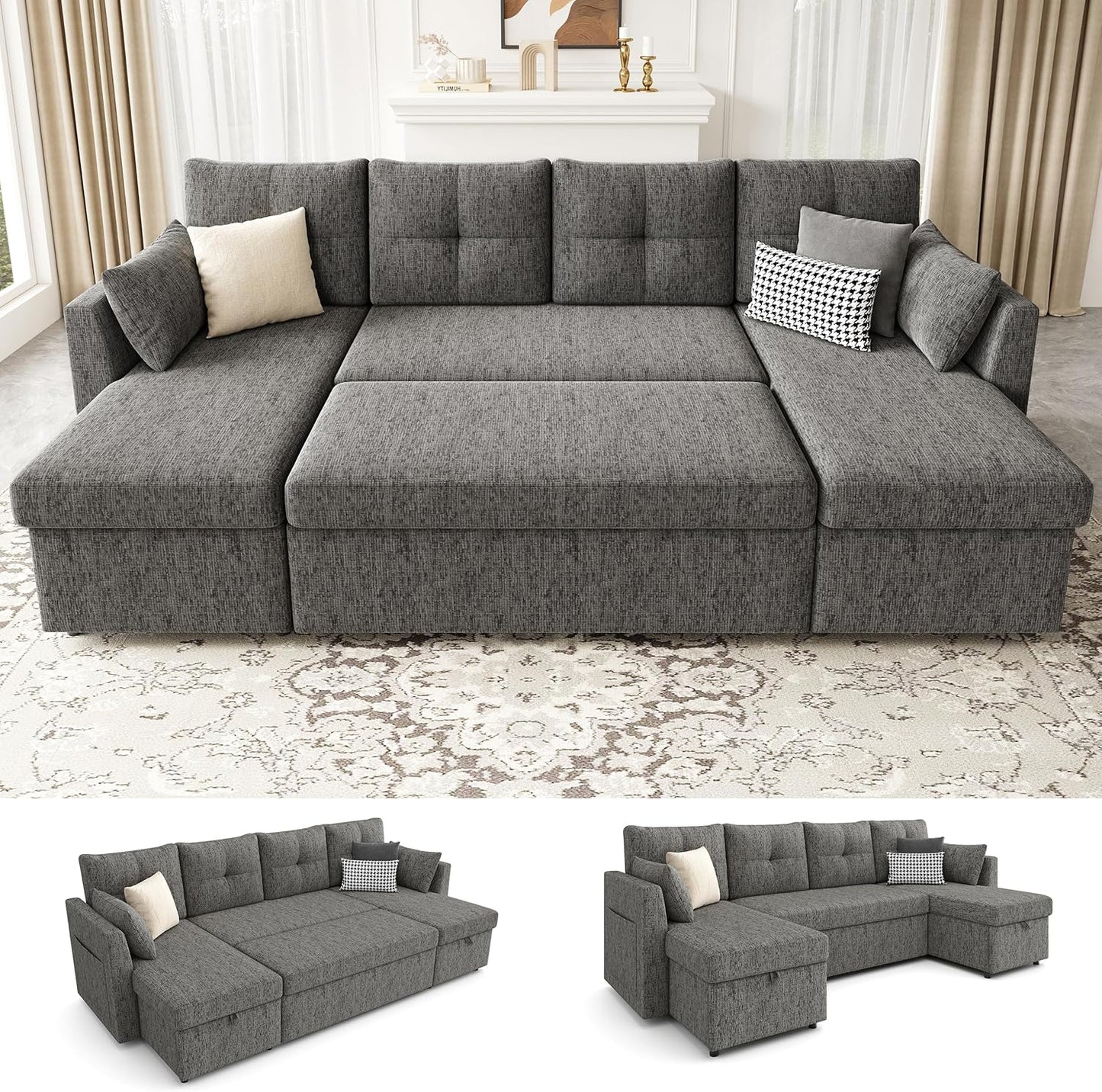 2-in-1 Oversized Sectional Sofa Bed 110" Pull-Out Couch with Storage Chaise Dark Grey