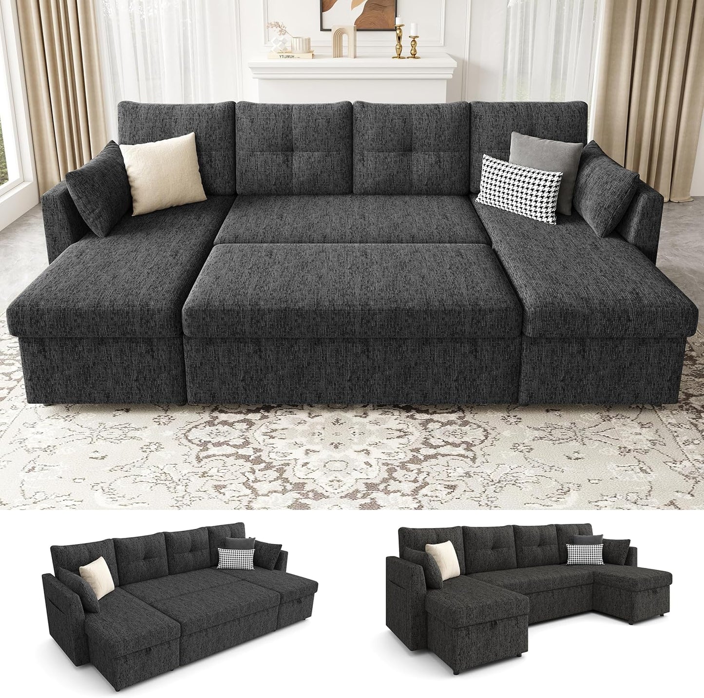 2-in-1 Oversized Sectional Sofa Bed 110" Pull-Out Couch with Storage Chaise Dark Grey