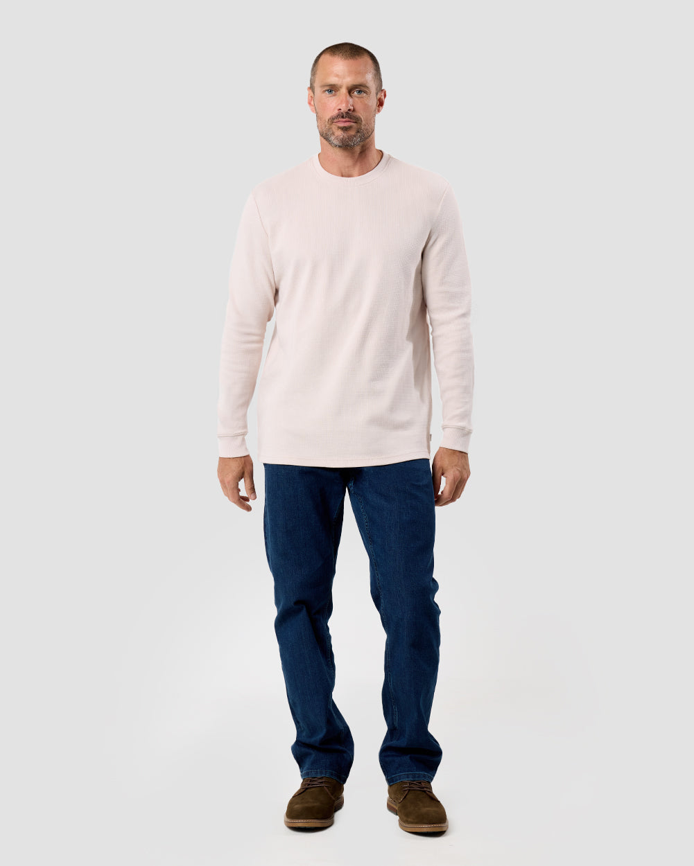 Mens Long Sleeve Waffle Knit Crewneck Shirt Casual Thermal Pullover