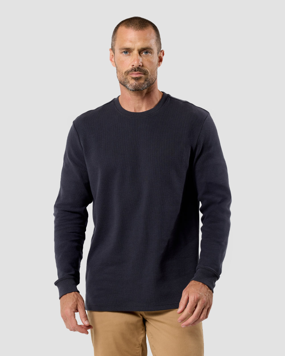 Mens Long Sleeve Waffle Knit Crewneck Shirt Casual Thermal Pullover