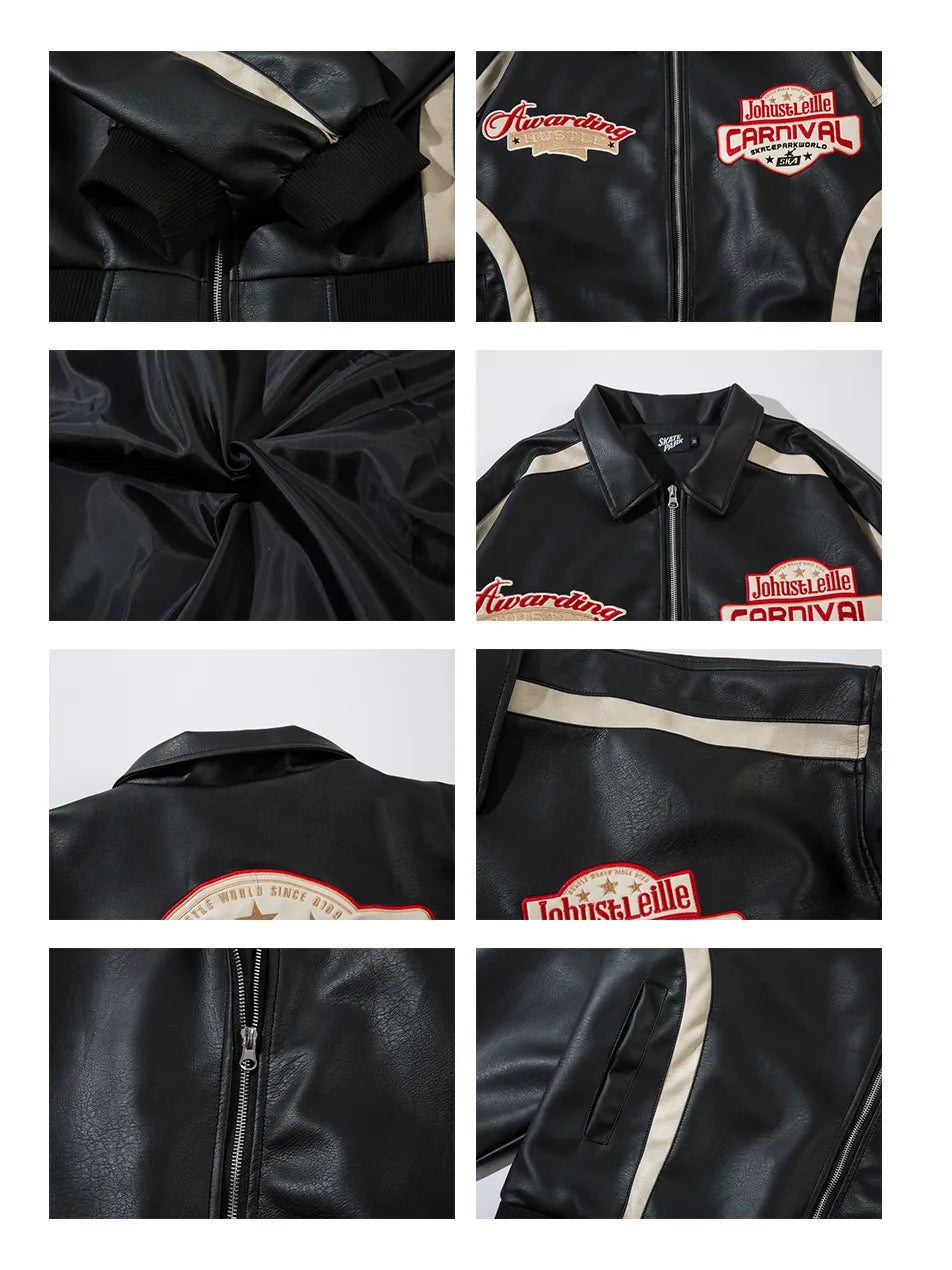 Men's Letter Graphic Long Sleeve PU Leather Loose Casual Jacket, Trendy For Autumn And Winter