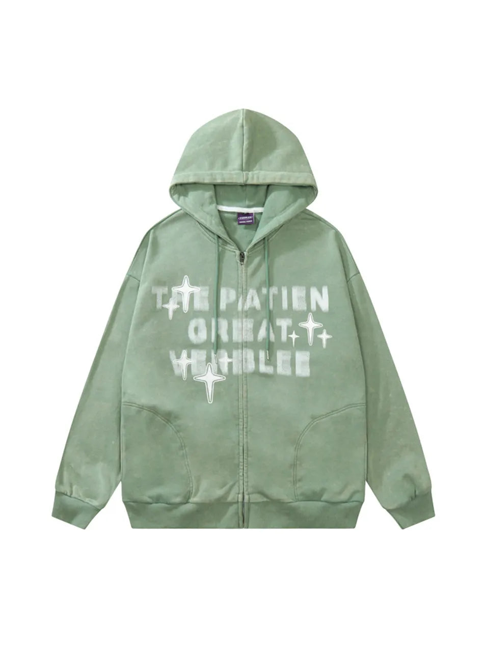 Vintage Star Print Front Zipper Hooded Sweatshirt Sports Men Casual Streetwear