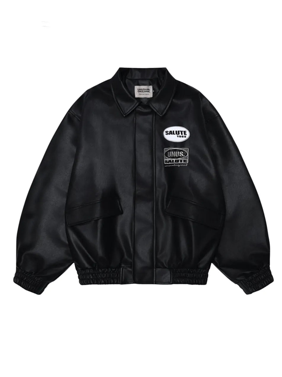 Men's Letter Embroidery Polo PU Leather Jacket
