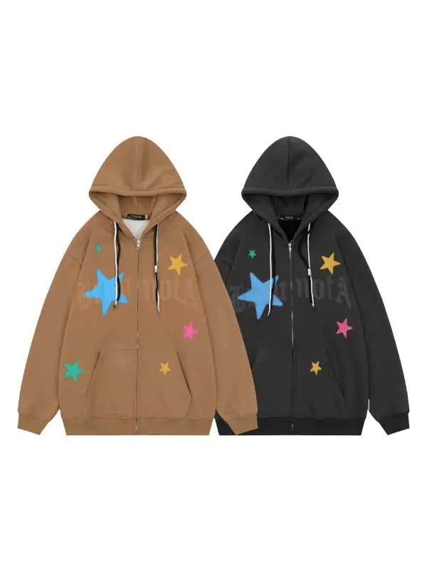 Colorful Star Drawstring Zip-up Hoodie