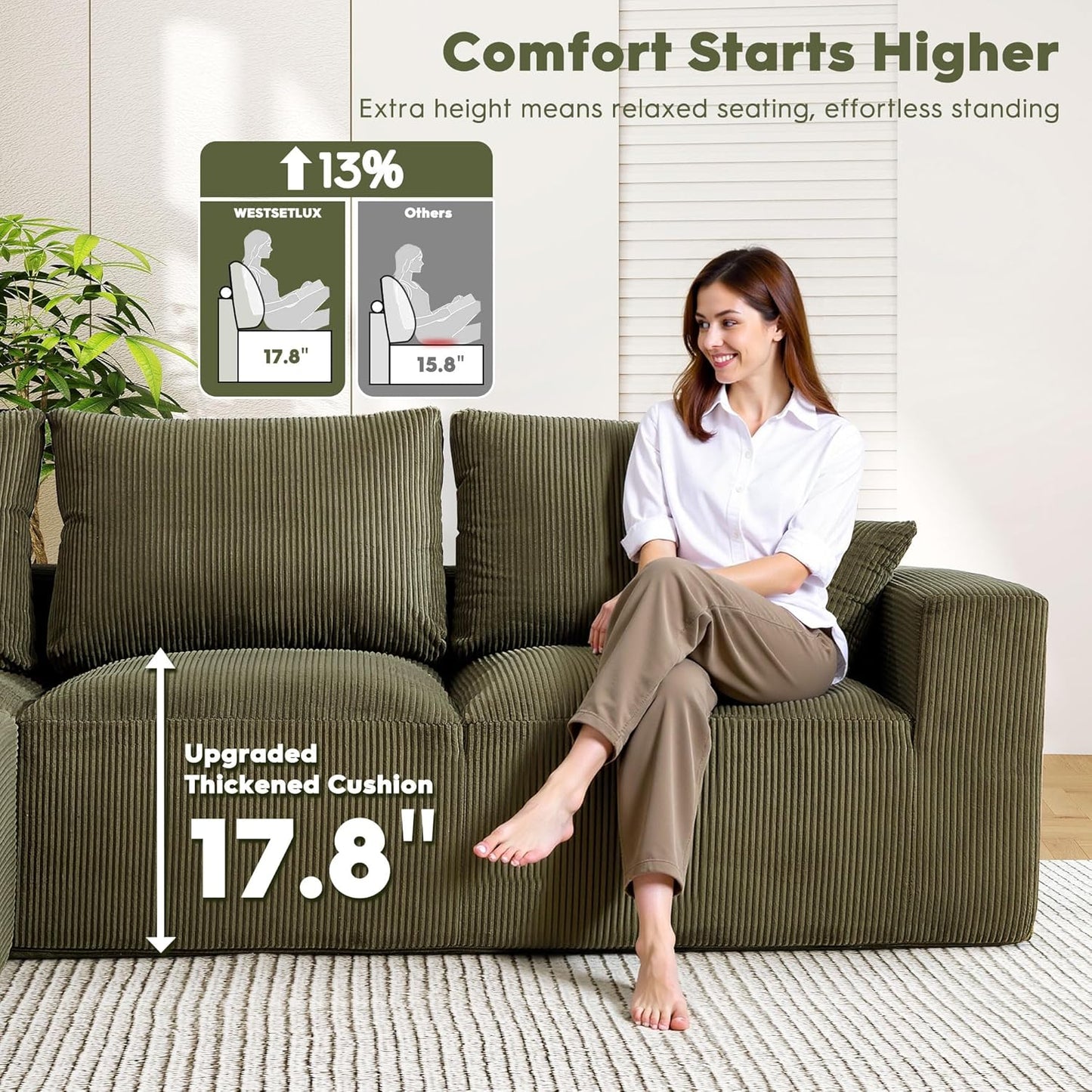 108 Inch Corduroy Cloud Sectional Sofa with Chaise Green