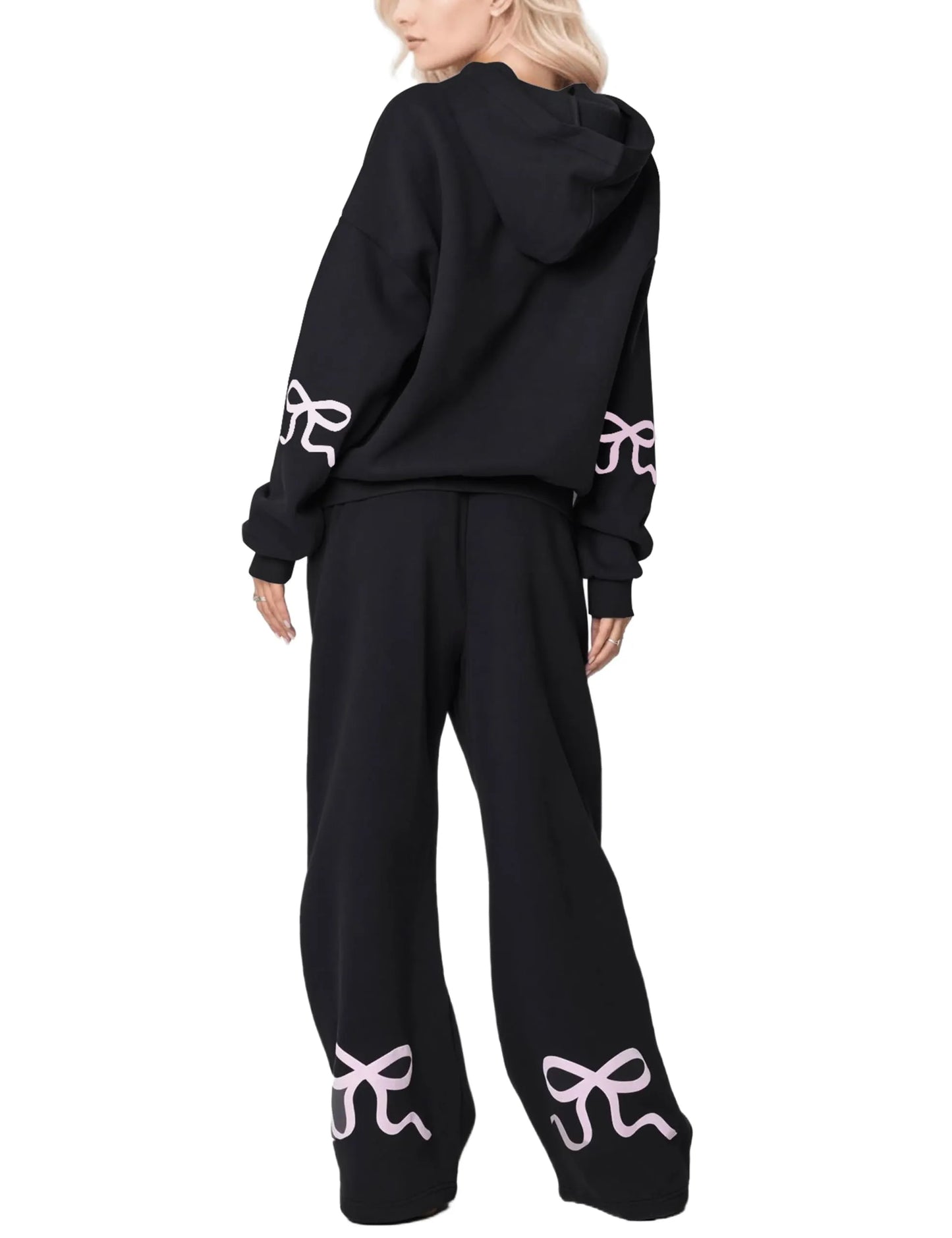 Women's 2 Piece Outfits Bow Trim Print Hoodie Sweatsuit Sets
