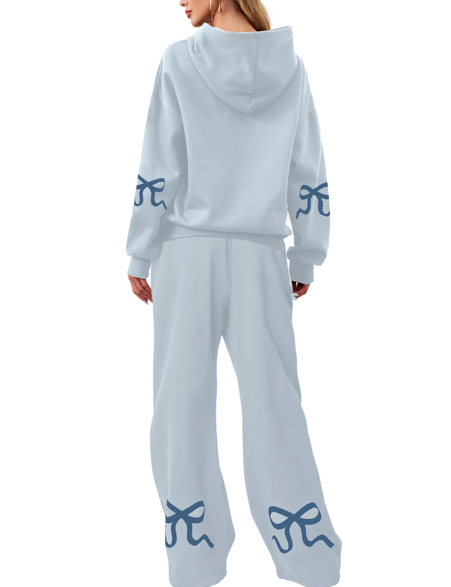 Women's 2 Piece Outfits Bow Trim Print Hoodie Sweatsuit Sets