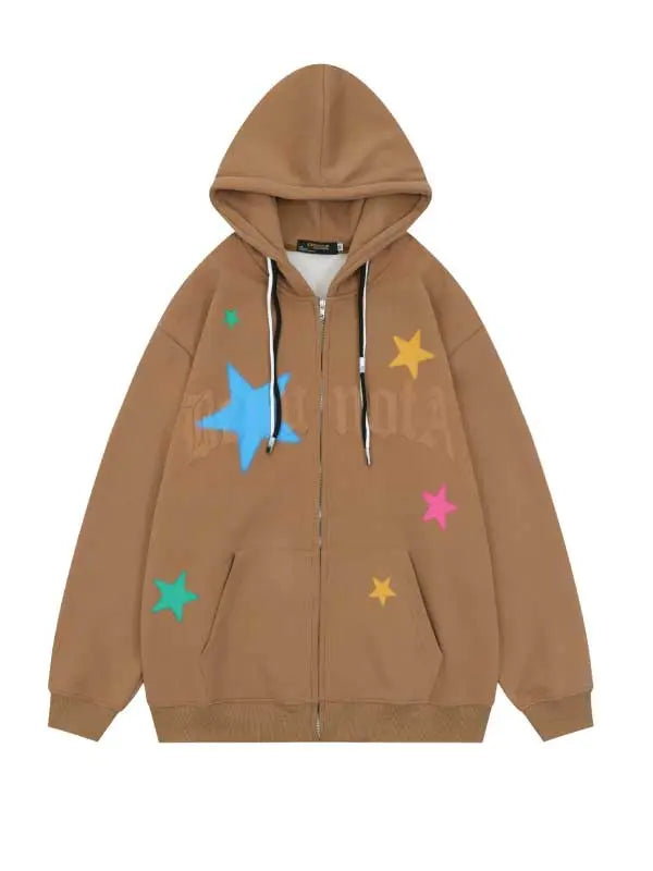 Colorful Star Drawstring Zip-up Hoodie