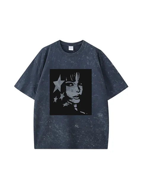 270g Cotton Animation Girl Stars Wash Old T-shirt
