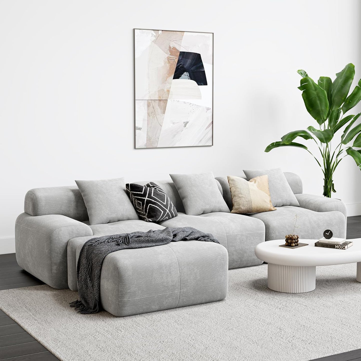 118" L-Shaped Corduroy Modular Sofa with Ottoman