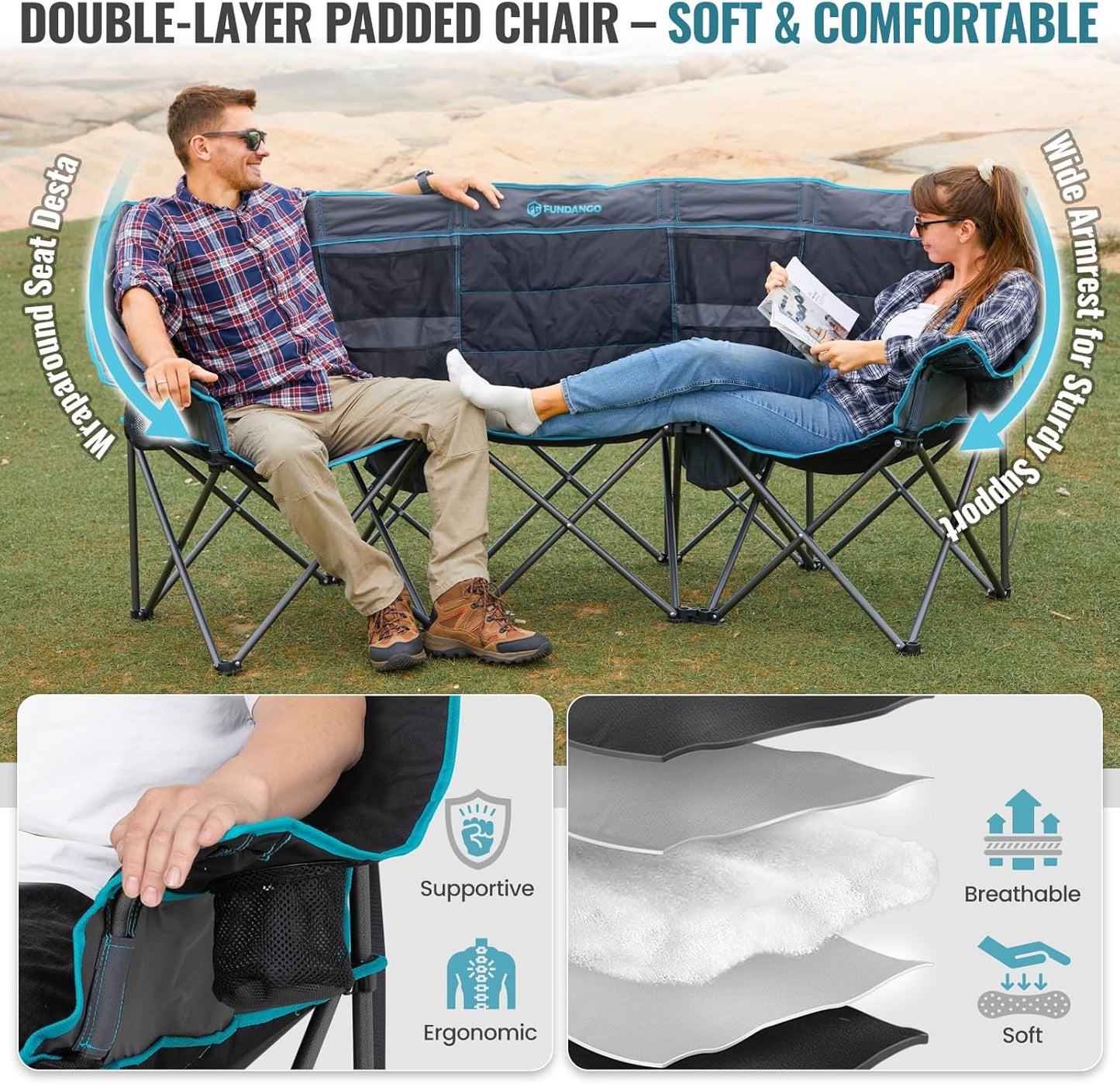 Double Camping Chair with Cooler 2 Person Folding Oversized Loveseat