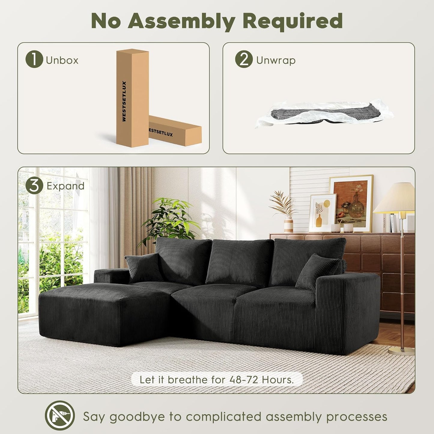 108 Inch Corduroy Cloud Sectional Sofa with Chaise Green