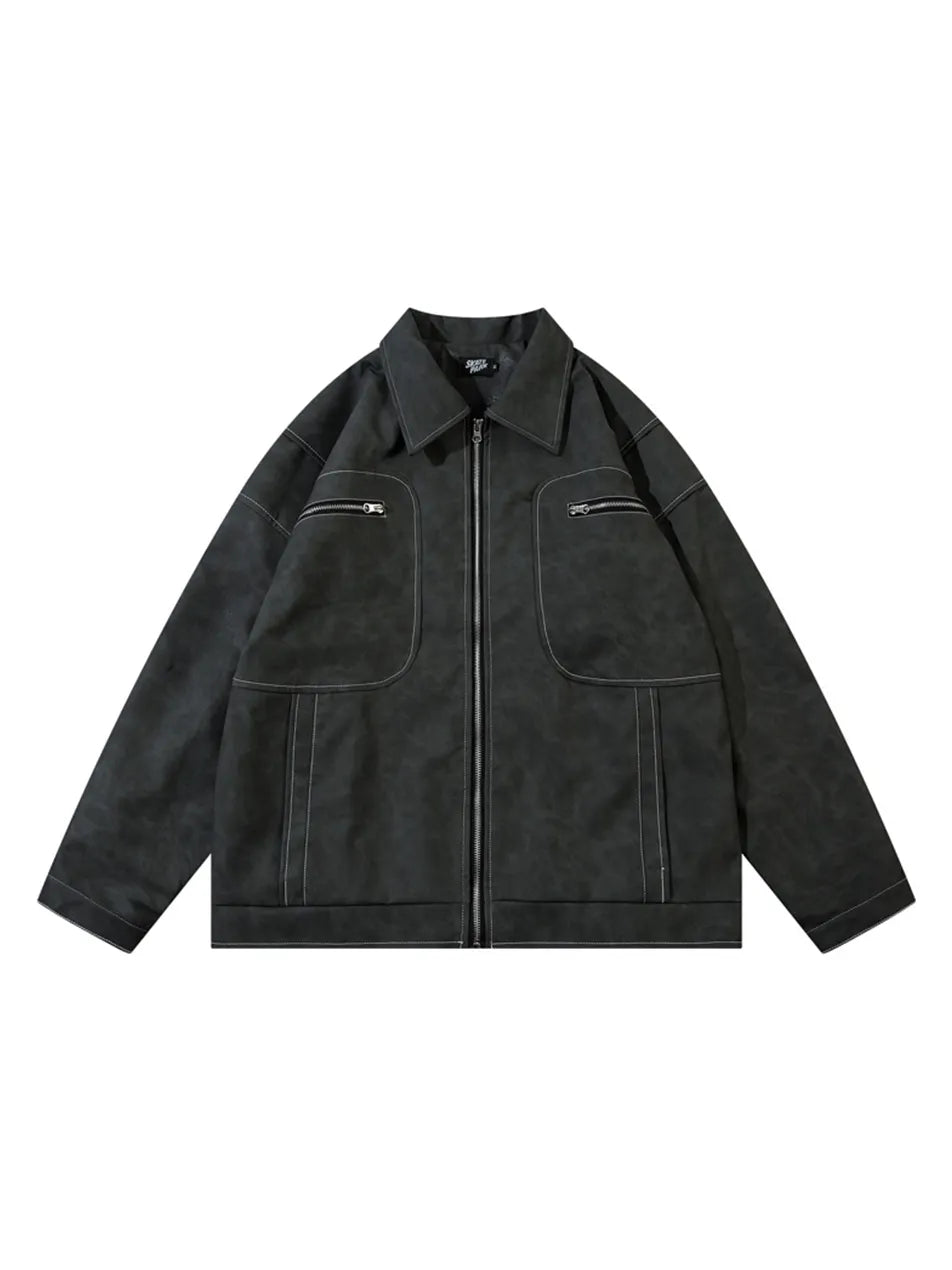 Vintage Zip-up Lapel PU Leather Jacket