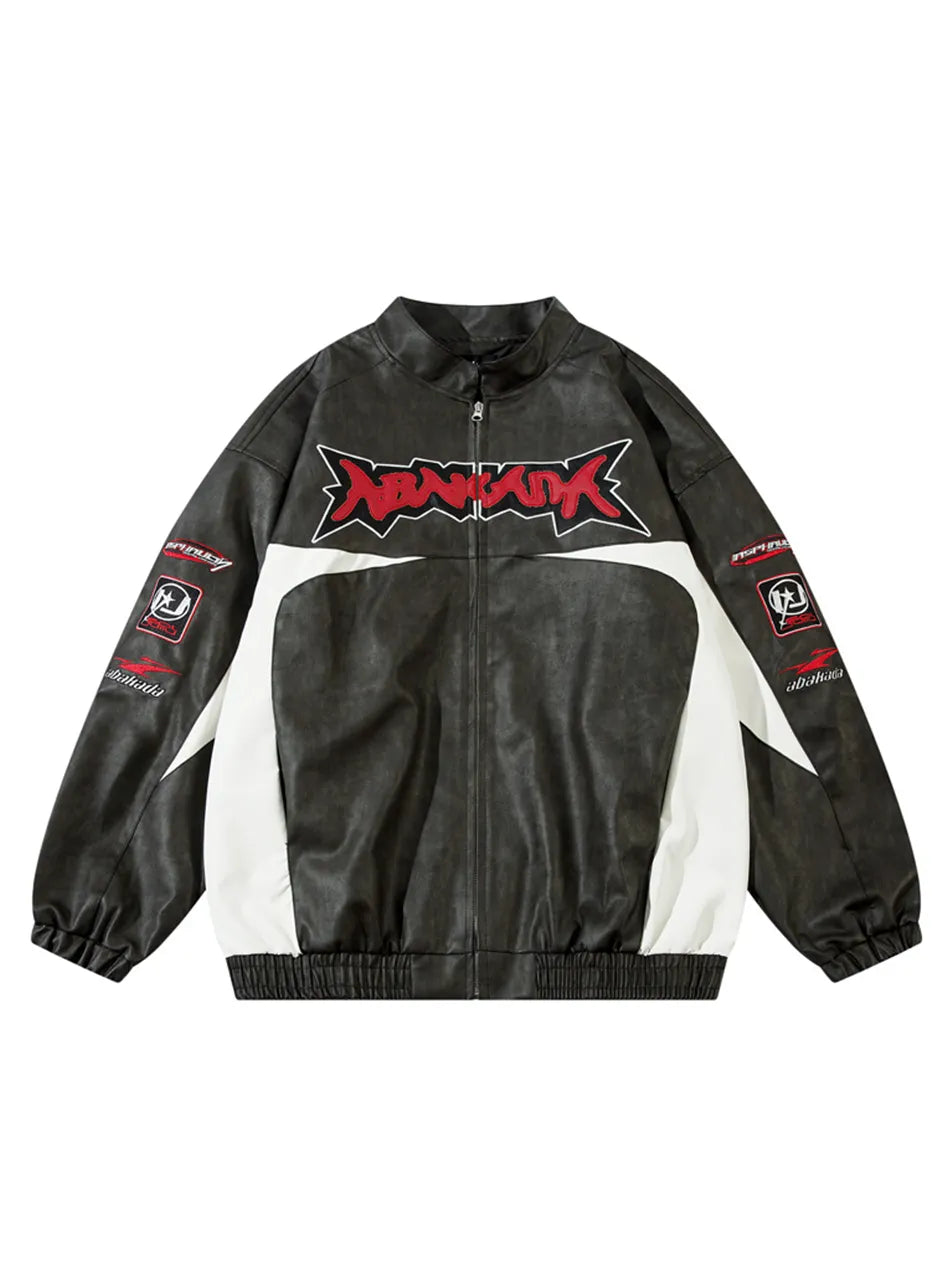 Letter & Racing Car Printed Faux Leather Jacket for Men