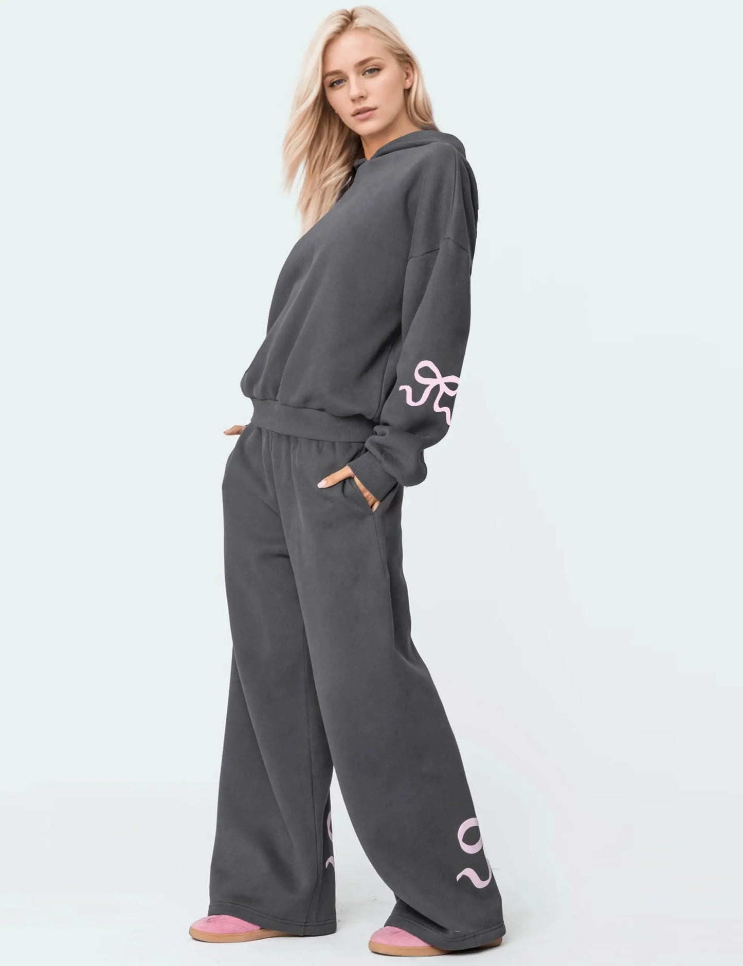 Women's 2 Piece Outfits Bow Trim Print Hoodie Sweatsuit Sets