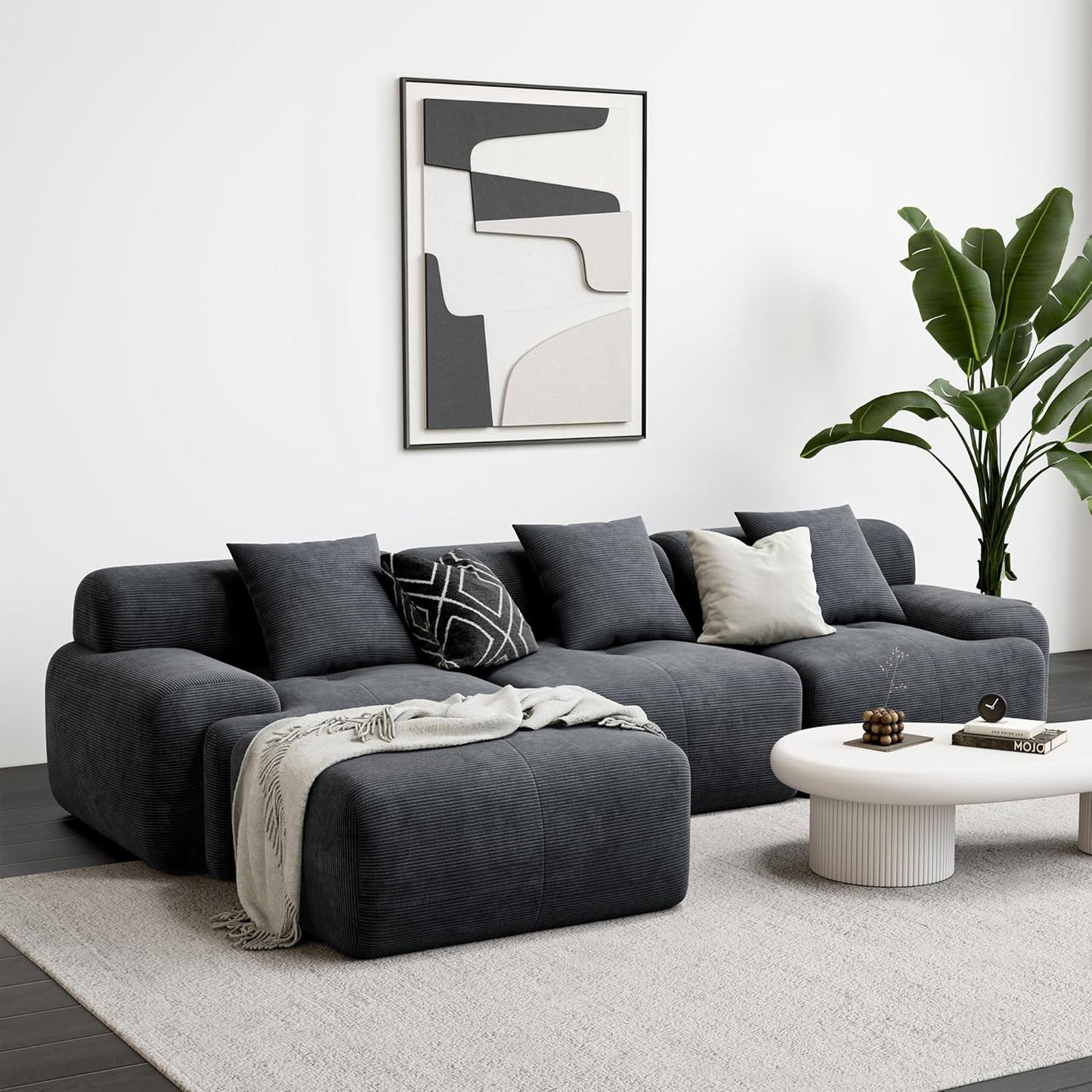 118" L-Shaped Corduroy Modular Sofa with Ottoman