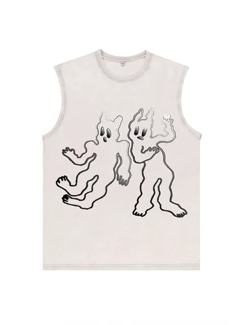 230g Abstract Line Cartoon Printed Wash Old Sleeveless T-shirt