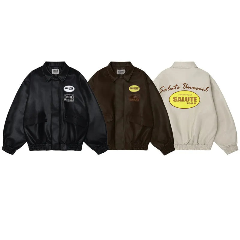 Men's Letter Embroidery Polo PU Leather Jacket